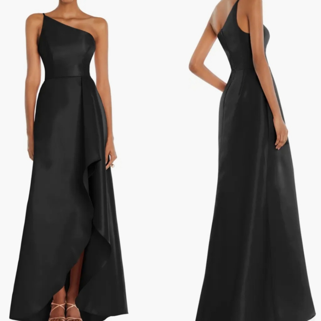 Alfred Sung Size 10 Classic Black One Shoulder Satin Asymmetrical Maxi Gown New